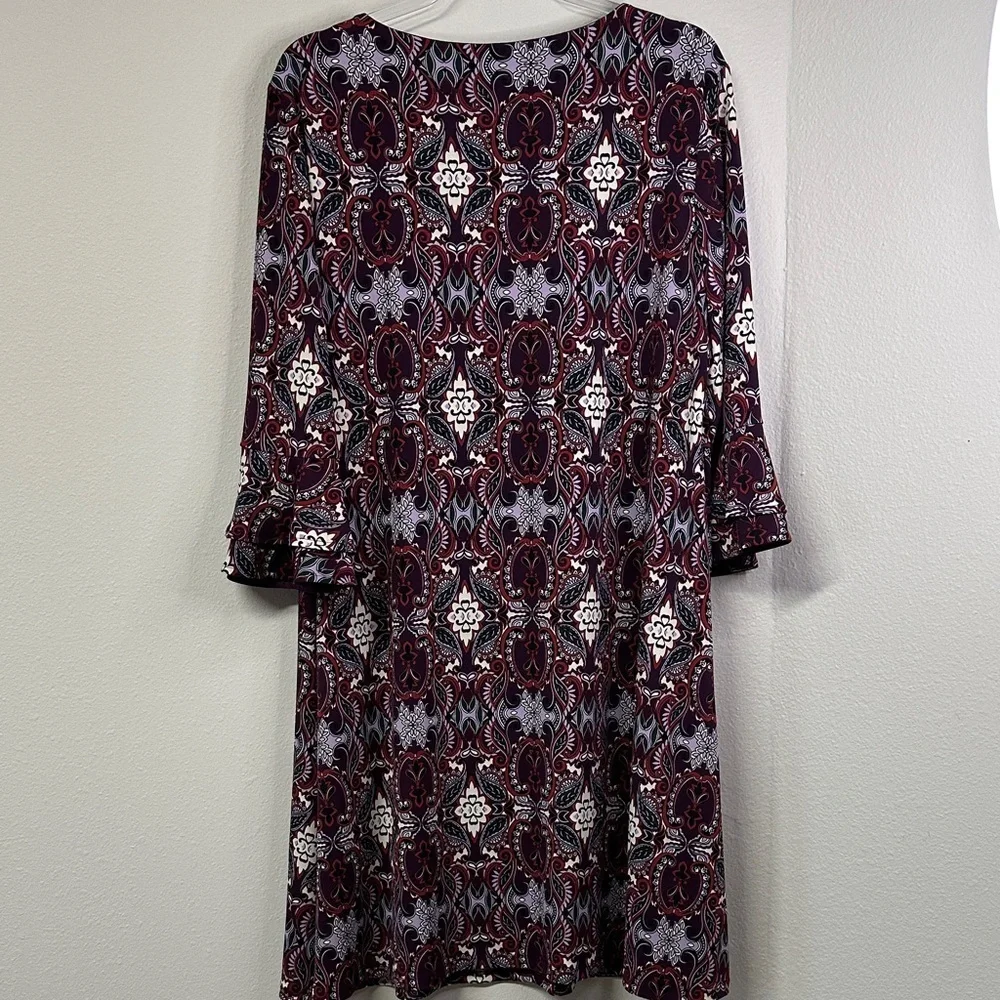 Chico's Pullover Boho Paisley 3/4 Bell Sleeve Knee Length Shift Dress Size 12/14